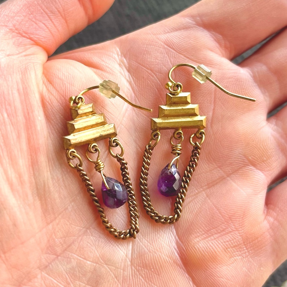 Larissa Loden | Art Deco brass earrings with purple stone